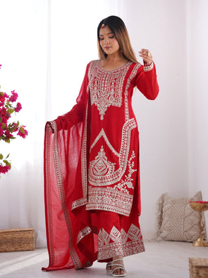 Rajwada Red Silk Blend Embroidered Kurta Set For Women