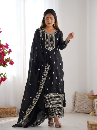 Rajwada Black Chinon Embroidered Kurta Set For Women