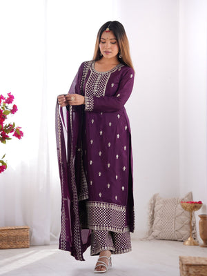 Rajwada Purple Chinon Embroidered Kurta Set For Women