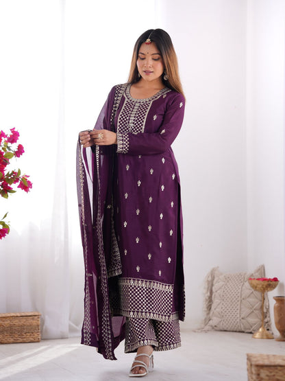 Rajwada Purple Chinon Embroidered Kurta Set For Women