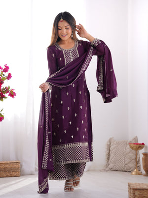 Rajwada Purple Chinon Embroidered Kurta Set For Women