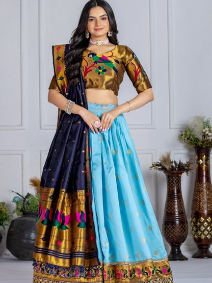 Rajwada Sky Blue Silk Blend Embellished Lehenga For Women