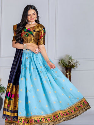 Rajwada Sky Blue Silk Blend Embellished Lehenga For Women