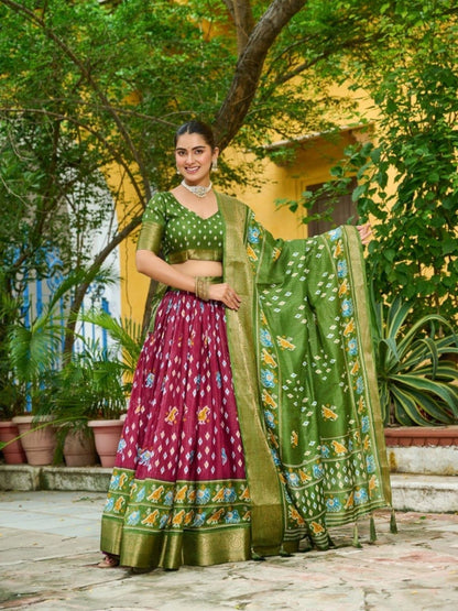 Rajwada Wine Silk Blend Printed Lehenga For Women