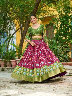 Rajwada Wine Silk Blend Printed Lehenga For Women