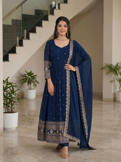 Rajwada Navy Blue Georgette Solid Stitched Kurta Set For Women