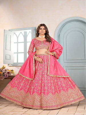 Rajwada Pink Chinon Sequence Embroidered Semi-Stitched Lehenga For Women