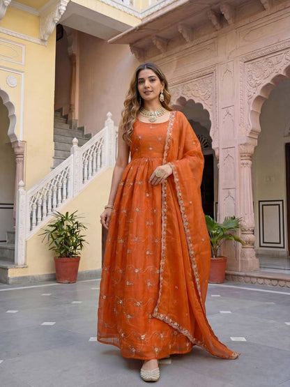 Rajwada Orange Georgette Solid Stitched Kurta Set For Women