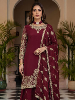 Rajwada Maroon Chinon Solid Stitched Kurta Set For Women