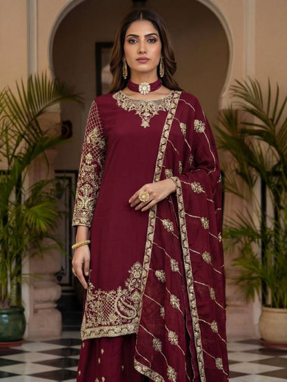 Rajwada Maroon Chinon Solid Stitched Kurta Set For Women
