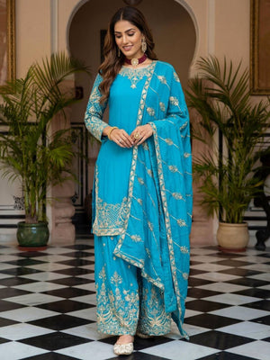 Rajwada Sky Blue Chinon Solid Stitched Kurta Set For Women