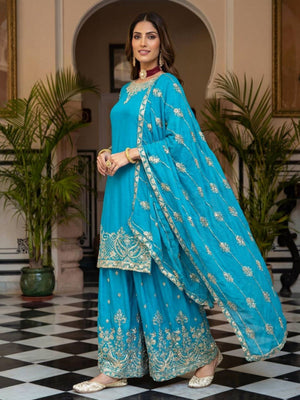 Rajwada Sky Blue Chinon Solid Stitched Kurta Set For Women
