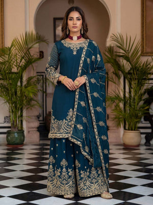 Rajwada Teal Blue Chinon Solid Stitched Kurta Set For Women