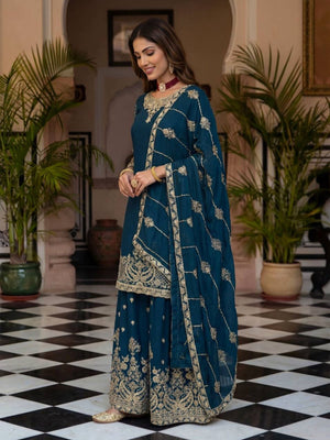 Rajwada Teal Blue Chinon Solid Stitched Kurta Set For Women