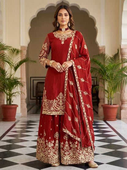 Rajwada Maroon Chinon Solid Stitched Kurta Set For Women