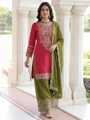 Rajwada Red Chinon Solid Stitched Kurta Set For Women