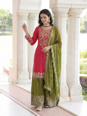 Rajwada Red Chinon Solid Stitched Kurta Set For Women