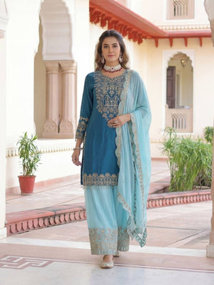 Rajwada Teal Blue Chinon Solid Stitched Kurta Set For Women