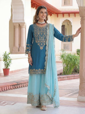 Rajwada Teal Blue Chinon Solid Stitched Kurta Set For Women