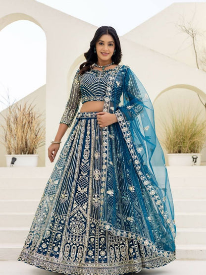 Rajwada Blue Net Embellished Lehenga For Women