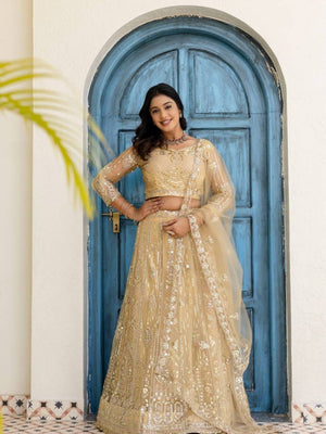Rajwada Cream Net Embellished Lehenga For Women