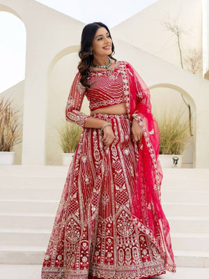 Rajwada Red Net Embellished Lehenga For Women