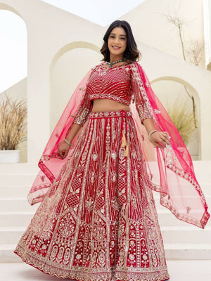 Rajwada Red Net Embellished Lehenga For Women