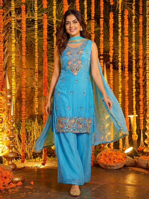Rajwada Sky Blue Chiffon Solid Stitched Kurta Set For Women