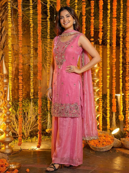 Rajwada Dusty Rose Chiffon Solid Stitched Kurta Set For Women