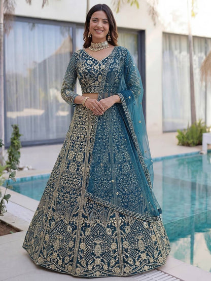 Rajwada Blue Net Embellished Lehenga For Women
