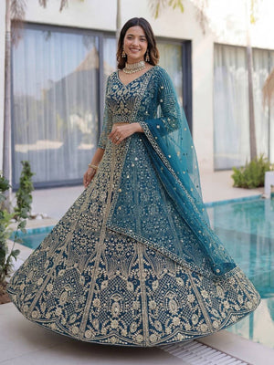 Rajwada Blue Net Embellished Lehenga For Women