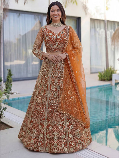 Rajwada Orange Net Embellished Lehenga For Women