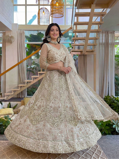 Rajwada Off White Net Embellished Lehenga For Women