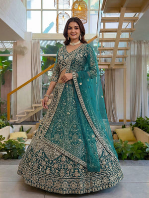Rajwada Teal Blue Net Embellished Lehenga For Women