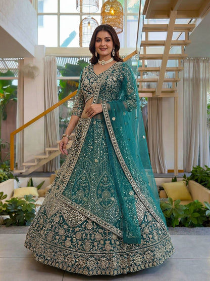 Rajwada Teal Blue Net Embellished Lehenga For Women