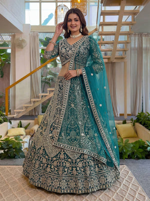 Rajwada Teal Blue Net Embellished Lehenga For Women
