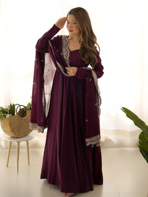 Rajwada Wine Georgette Plain Kurta Set For Women