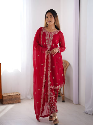 Rajwada Red Georgette Embroidered & Cutwork Kurta Set For Women