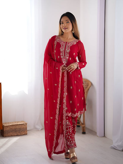 Rajwada Red Georgette Embroidered & Cutwork Kurta Set For Women