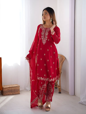 Rajwada Red Georgette Embroidered & Cutwork Kurta Set For Women