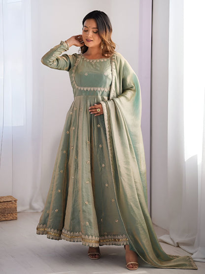 Rajwada Light Green Satin Silk Embroidered Kurta Set For Women