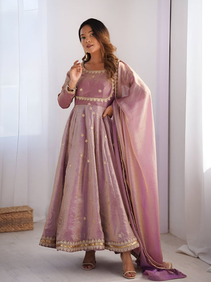 Rajwada Mauve Satin Silk Embroidered Kurta Set For Women