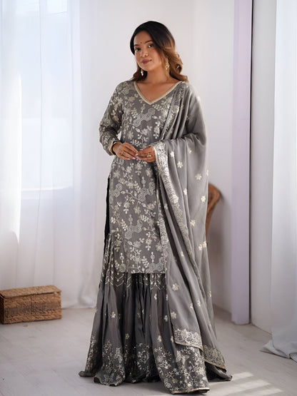 Rajwada Grey Chinon Silk Embroidery & Sequins Kurta Set For Women