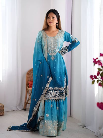 Rajwada Blue Chinon Silk Embroidery & Sequins Kurta Set For Women