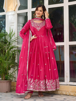 Rajwada Pink Silk Blend Embroidery & Gathered Kurta Set For Women