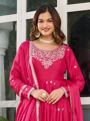 Rajwada Pink Silk Blend Embroidery & Gathered Kurta Set For Women