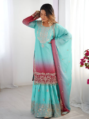 Rajwada Red And Turquoise Chinon Silk Embroidery & Sequins Kurta Set For Women