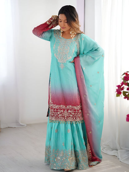 Rajwada Red And Turquoise Chinon Silk Embroidery & Sequins Kurta Set For Women