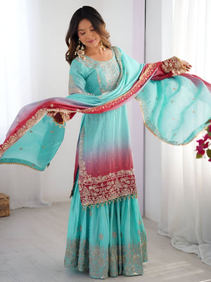 Rajwada Red And Turquoise Chinon Silk Embroidery & Sequins Kurta Set For Women