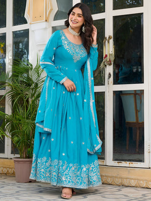 Rajwada Sky Blue Silk Blend Embroidery & Gathered Kurta Set For Women